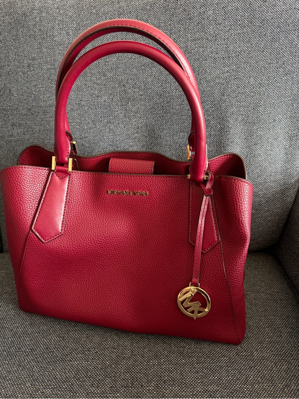 Michael Kors Pink-Red Pebbled Leather Tote with Gold Accent